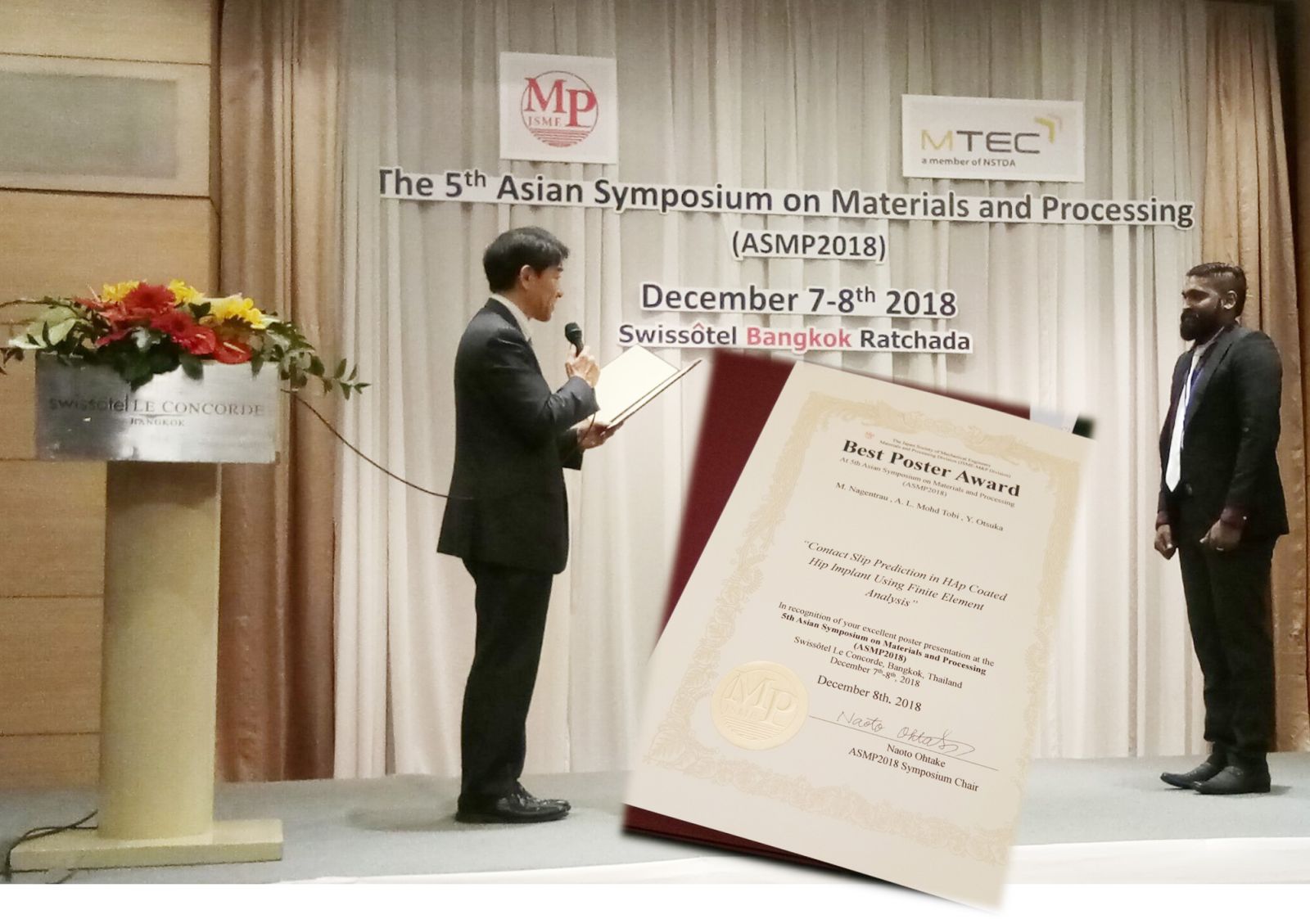 留学生OBが国際会議ASMP2018でポスター賞受賞 ASMP2018にて,本研究室に留学していたNagentrau Muniandy(トゥンフセインオンマレーシア大学)が共著にてポスター発表賞を受賞しました!おめでとうございます